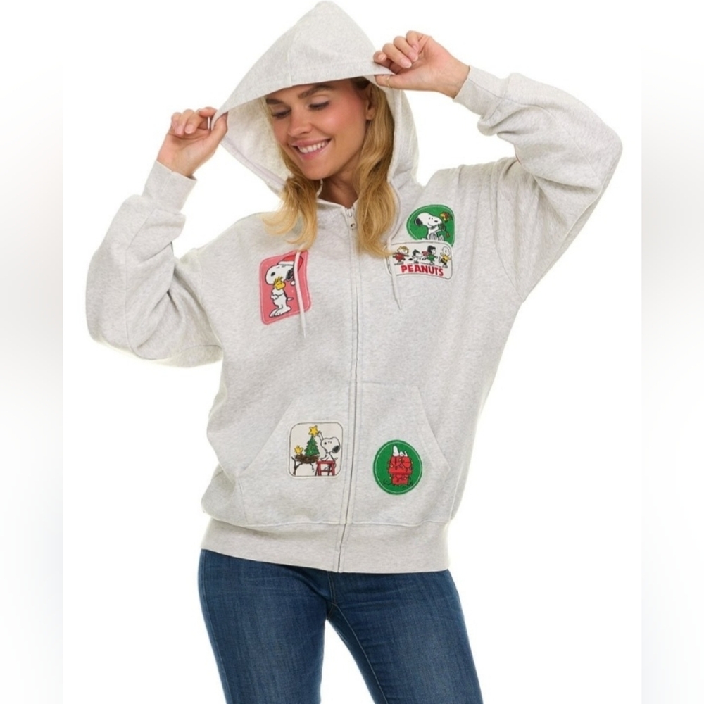 Peanuts Gray Zip Up XL Hoodie Jacket Snoopy Friends Christmas Patches Womens